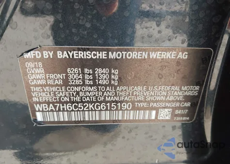 2019 BMW M760I xDrive from USA, damaged, VIN WBA7H6C52KG615190